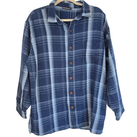 Product Think Tank Mens L Indigo Blue Plaid Flannel Sustainable Work Shirt Chore - Picture 1 of 10